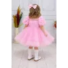 Kız Çocuk Pembe Güllü İncili Etek Detaylı Abiye Elbise