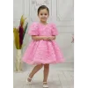 Kız Çocuk Pembe Güllü Kabarık Elbise Abiye Gelinlik