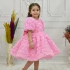 Kız Çocuk Pembe Güllü Kabarık Elbise Abiye Gelinlik