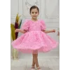 Kız Çocuk Pembe Güllü Kabarık Elbise Abiye Gelinlik