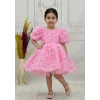 Kız Çocuk Pembe Güllü Kabarık Elbise Abiye Gelinlik