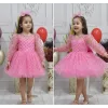 Kız Çocuk Pembe Şeffaf Üstlü Flok Tüllü Kabarık Elbise