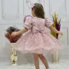 Kız Çocuk Pudra Boncuk Etekli Kabarık Elbise