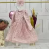 Kız Çocuk Pudra Boncuklu Payetli Kabarık Elbise Uzun Kol