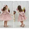 Kız Çocuk Pudra Boncuklu Payetli Kabarık Elbise Uzun Kol