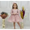 Kız Çocuk Pudra Boncuklu Payetli Kabarık Elbise Uzun Kol