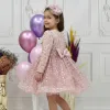 Kız Çocuk Pudra Boncuklu Payetli Kabarık Elbise Uzun Kol