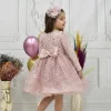 Kız Çocuk Pudra Boncuklu Payetli Kabarık Elbise Uzun Kol