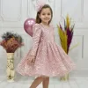 Kız Çocuk Pudra Boncuklu Payetli Kabarık Elbise Uzun Kol