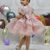 Kız Çocuk Pudra Kısa Balon Kol Taşlı Boncuklu Elbise