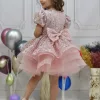 Kız Çocuk Pudra Kısa Balon Kol Taşlı Boncuklu Elbise
