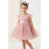 Kız Çocuk Pudra Flok Komple Alt Üst Kabarık Elbise