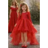 Kız Çocuk Kırmızı Organze Tüllü Kuyruklu Kabarık Elbise Abiye