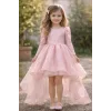Kız Çocuk Pudra Organze Tüllü Kuyruklu Kabarık Elbise Abiye