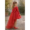 Kız Çocuk Kırmızı Organze Tüllü Kuyruklu Kabarık Elbise Abiye