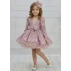Kız Çocuk Pudra Payetli Ön Dekolteli Kol Tüy Detaylı Uzun Kol Kabarık Elbise