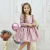Kız Çocuk Pudra Payetli Tüy Detaylı Uzun Kol Bisiklet Yaka Grenli Kabarık Elbise