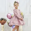 Kız Çocuk Pudra Payetli Tüy Detaylı Uzun Kol Bisiklet Yaka Grenli Kabarık Elbise