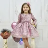 Kız Çocuk Pudra Payetli Tüy Detaylı Uzun Kol Bisiklet Yaka Grenli Kabarık Elbise