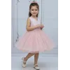 Kız Çocuk Pudra Saten V Yaka İncili Kabarık Elbise