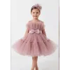 Kız Çocuk Pudra Şeffaf Üst Tül Detaylı Kemerli Kabarık Elbise
