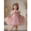 Kız Çocuk Pudra Şeffaf Üst Tül Detaylı Kemerli Kabarık Elbise