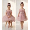Kız Çocuk Pudra Şeffaf Üst Tül Detaylı Kemerli Kabarık Elbise