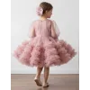 Kız Çocuk Pudra Yaka İşlemeli Fiyonklu Etek Fırfırlı Kabarık Elbise