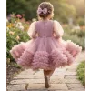 Kız Çocuk Pudra Yaka İşlemeli Fiyonklu Etek Fırfırlı Kabarık Elbise