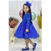 Kız Çocuk Saks Mavisi Boncuklu Payetli Kabarık Elbise Uzun Kol