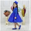 Kız Çocuk Saks Mavisi Boncuklu Payetli Kabarık Elbise Uzun Kol
