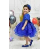 Kız Çocuk Saks Mavisi Boncuklu Payetli Kalp Detaylı Kabarık Elbise