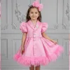 Kız Çocuk Şeker Pembe Ceket Taş Düğmeli Kısa Balon Kol Tüy Detaylı Elbise