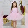 Kız Çocuk Şeker Pembesi İncili Uzun Kol Kabarık Elbise