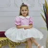 Kız Çocuk Şeker Pembesi Krem Bebe Yakalı Etekli Kelebek İşlemli Kabarık Elbise
