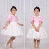 Kız Çocuk Şeker Pembesi Krem Bebe Yakalı Etekli Kelebek İşlemli Kabarık Elbise