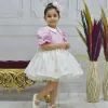 Kız Çocuk Şeker Pembesi Krem Bebe Yakalı Etekli Kelebek İşlemli Kabarık Elbise