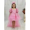 Kız Çocuk Şeker Pembesi Kuyruklu Boncuklu Payetli Uzun Kol Kabarık Elbise