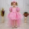 Kız Çocuk Şeker Pembesi Kuyruklu Boncuklu Payetli Uzun Kol Kabarık Elbise
