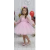 Kız Çocuk Şeker Pembesi Şeffaf Üstlü Flok Tüllü Kabarık Elbise