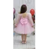 Kız Çocuk Şeker Pembesi Şeffaf Üstlü Flok Tüllü Kabarık Elbise