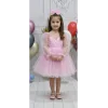 Kız Çocuk Şeker Pembesi Şeffaf Üstlü Flok Tüllü Kabarık Elbise
