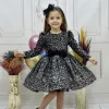Kız Çocuk Siyah Beyaz Payetli Uzun Kol Omuz Tül Detaylı Elbise