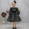 Kız Çocuk Siyah Beyaz Payetli Uzun Kol Omuz Tül Detaylı Elbise