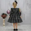 Kız Çocuk Siyah Beyaz Payetli Uzun Kol Omuz Tül Detaylı Elbise