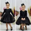 Kız Çocuk Siyah Boncuklu Payetli Uzun Kol Kabarık Elbise