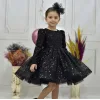 Kız Çocuk Siyah Boncuklu Payetli Uzun Kol Kabarık Elbise