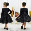 Kız Çocuk Siyah Boncuklu Payetli Uzun Kol Kabarık Elbise