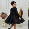 Kız Çocuk Siyah Boncuklu Payetli Uzun Kol Kabarık Elbise