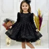 Kız Çocuk Siyah Boncuklu Payetli Uzun Kol Kabarık Elbise
